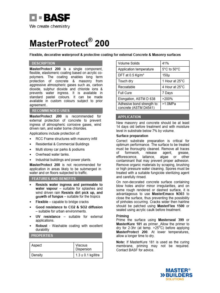 MasterProtect 200: Waterproof Coating | PDF | Concrete | Coating