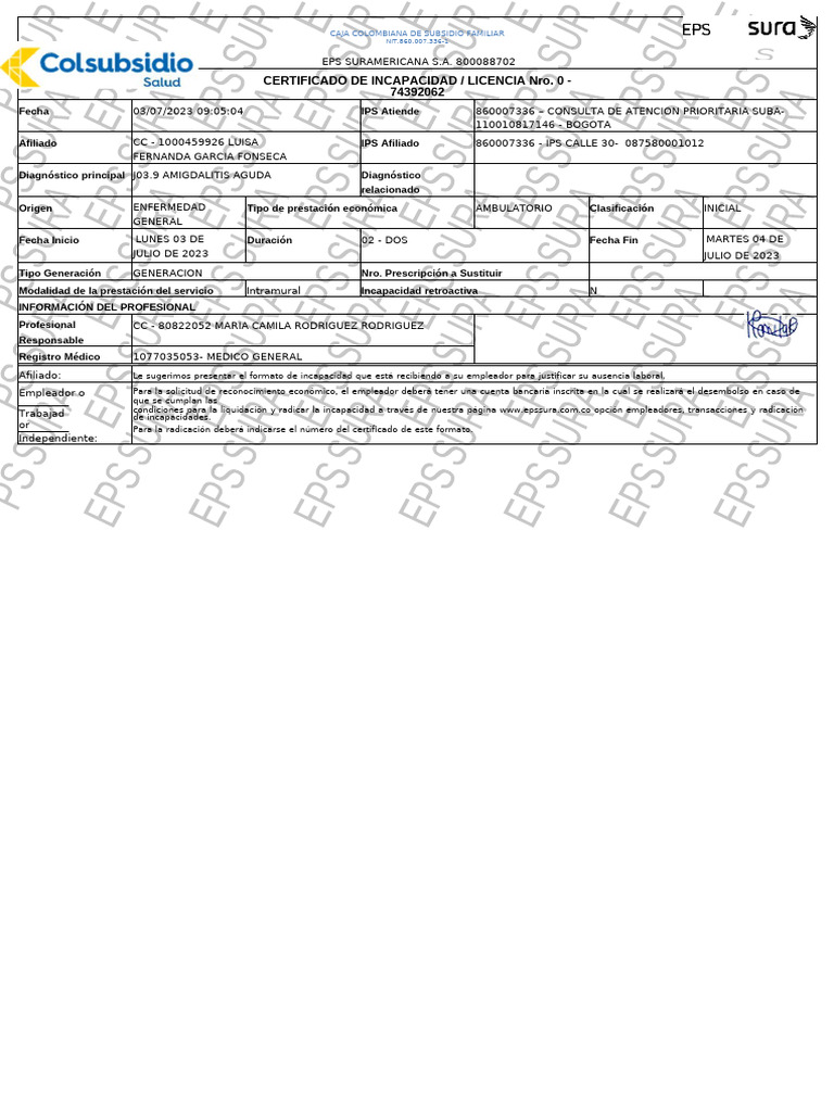 Certificado de Incapacidad EPS Suramericana | PDF
