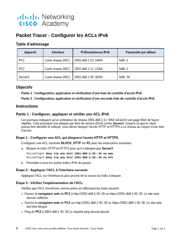 Configurer les ACLs IPv6 dans Packet Tracer | PDF | I Pv6 | Internet