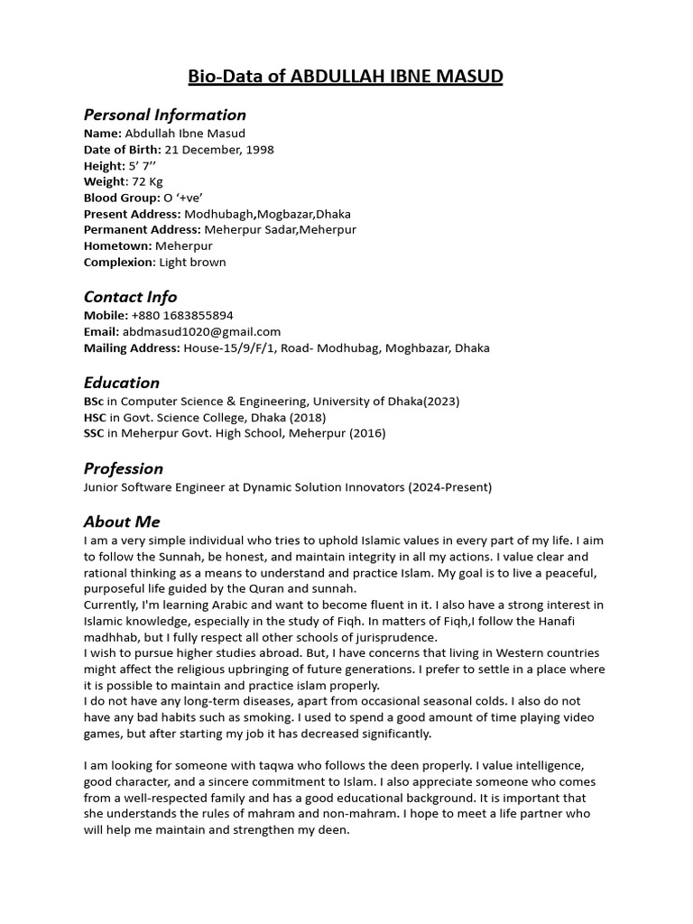 Abdullah Ibne Masud Bio-Data Summary | PDF | Islamic Jurisprudence ...