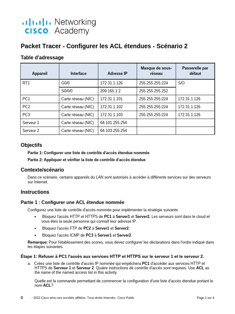 Configurer ACL étendues sur Packet Tracer | PDF | Protocole de transfer ...