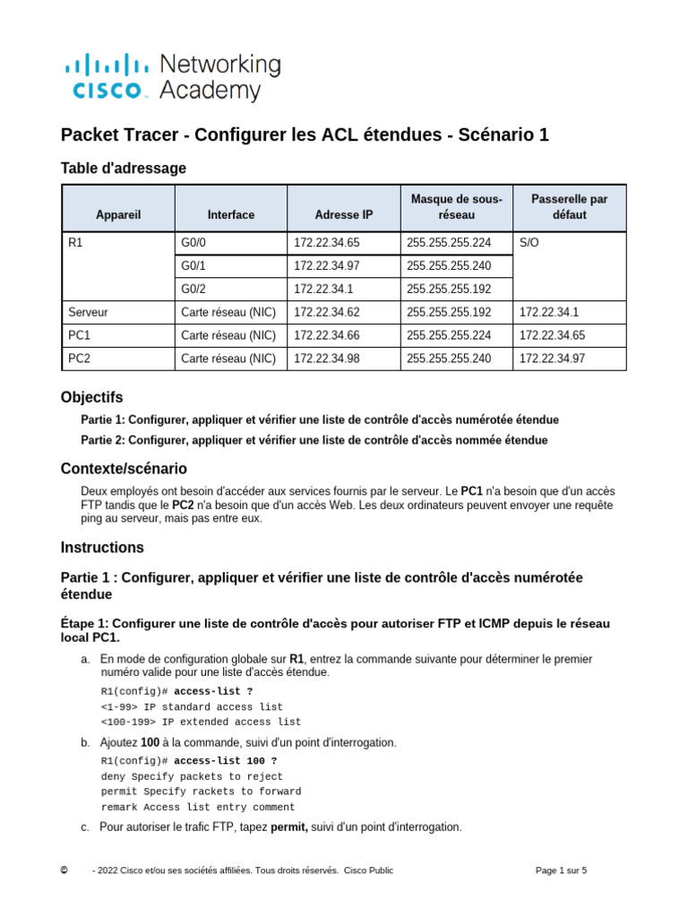 Configuration des ACL étendues avec Packet Tracer | PDF | Protocole de ...