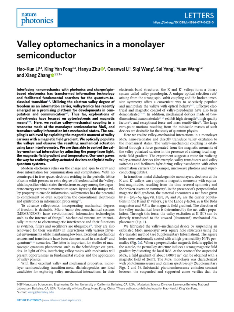 Valley Optomechanics in A Monolayer Semiconductor: Letters | PDF ...