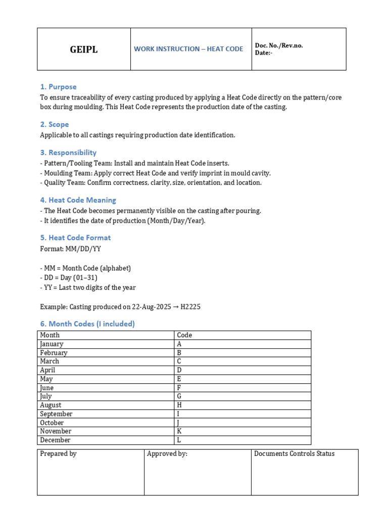 Heat Code Work Instruction for Castings | PDF | Chess | Chess Theory