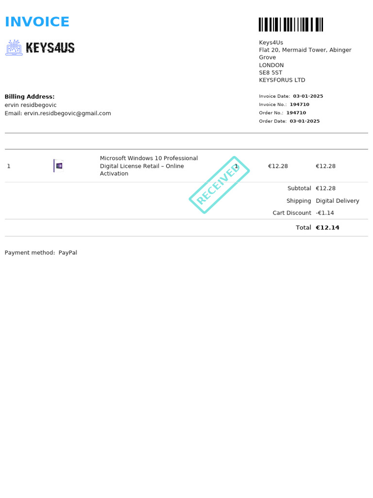 Invoice for Microsoft Windows 10 Purchase | PDF