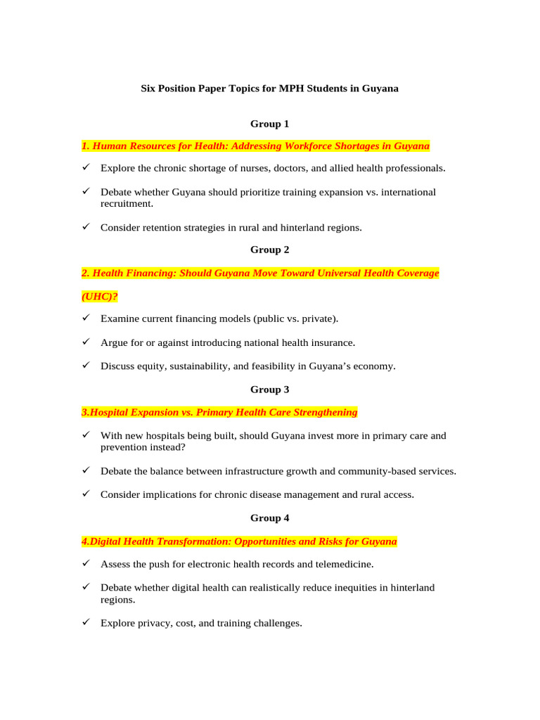 MPH Position Paper Topics for Guyana | PDF