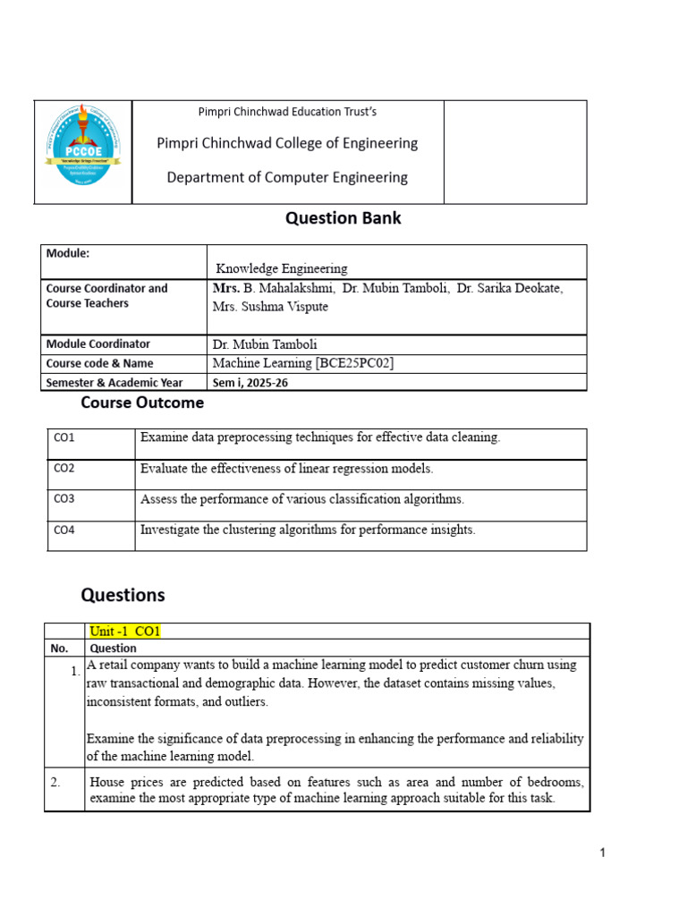 Machine Learning Question Bank 2025-26 | PDF | Coefficient Of ...