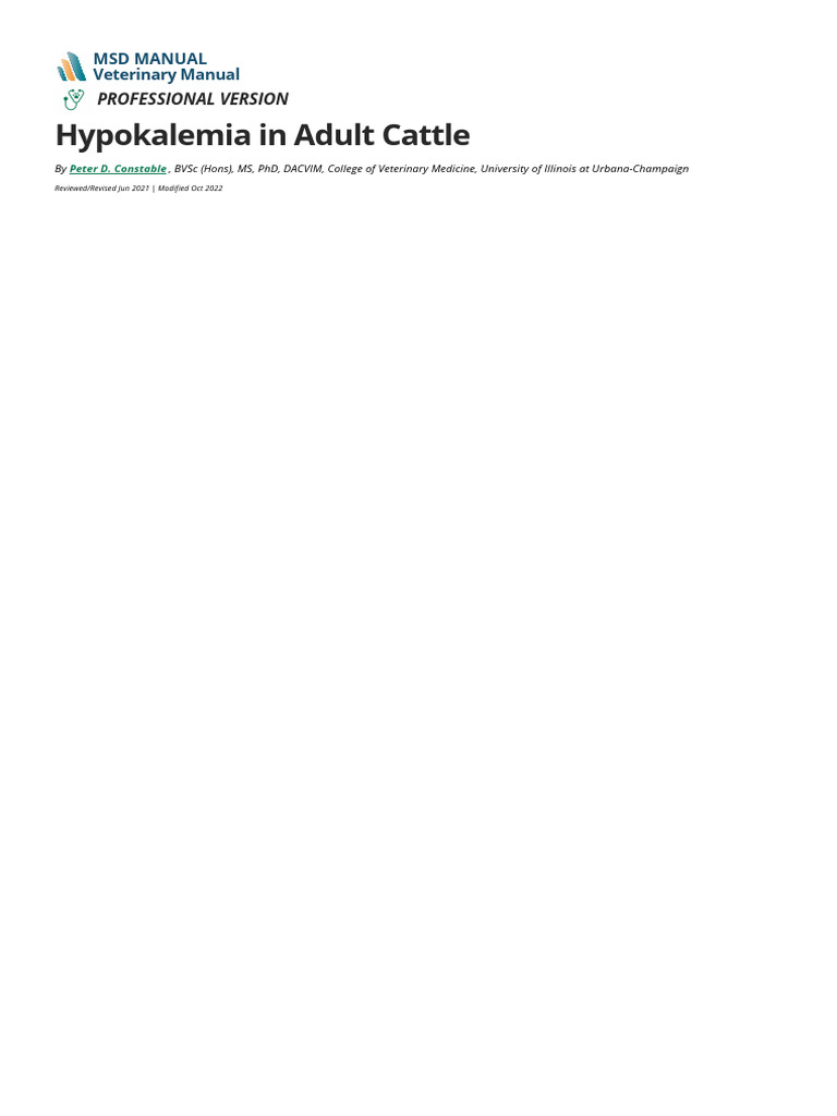 Hypokalemia in Adult Cattle - Metabolic Disorders - MSD Veterinary ...