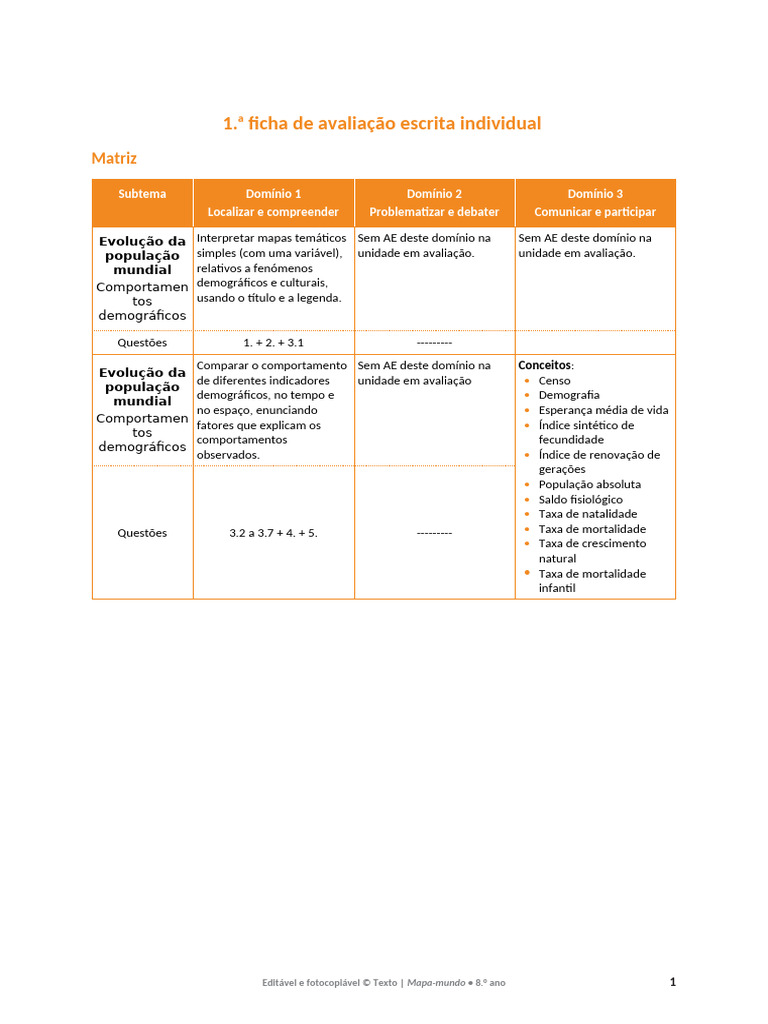 1 - Ficha de avalia%C3%A7%C3%A3o A | PDF | Demografia | Crescimento ...