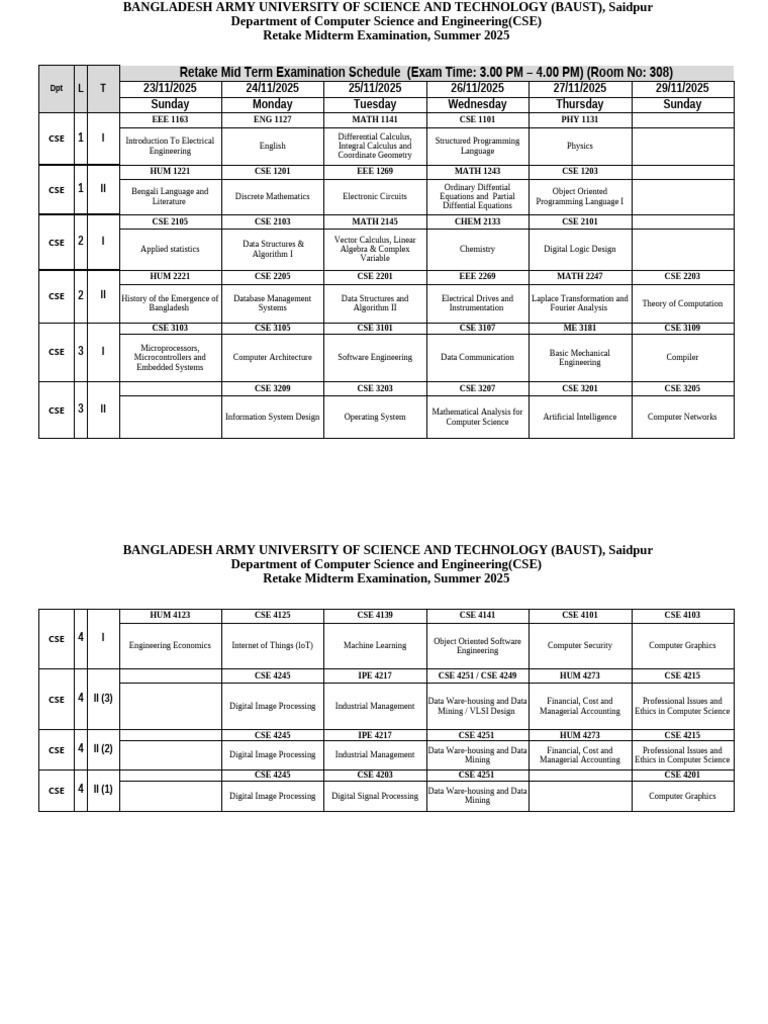 BAUST CSE Retake Exam Schedule 2025 | PDF | Mathematics | Equations
