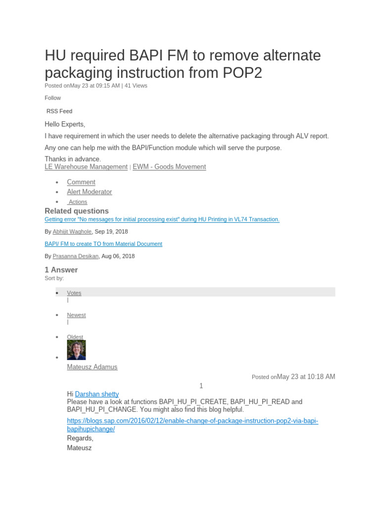 HU Required BAPI FM To Remove Alternate Packaging Instruction From POP2 ...