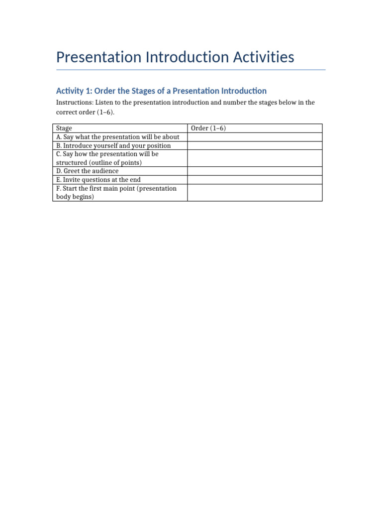 Presentation Introduction Activities Guide | PDF
