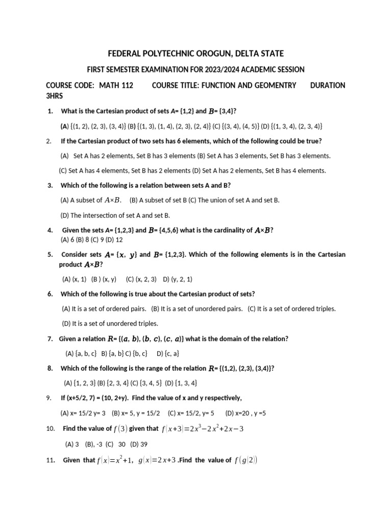 Math Exam Questions for Federal Polytechnic | PDF | Mathematics ...