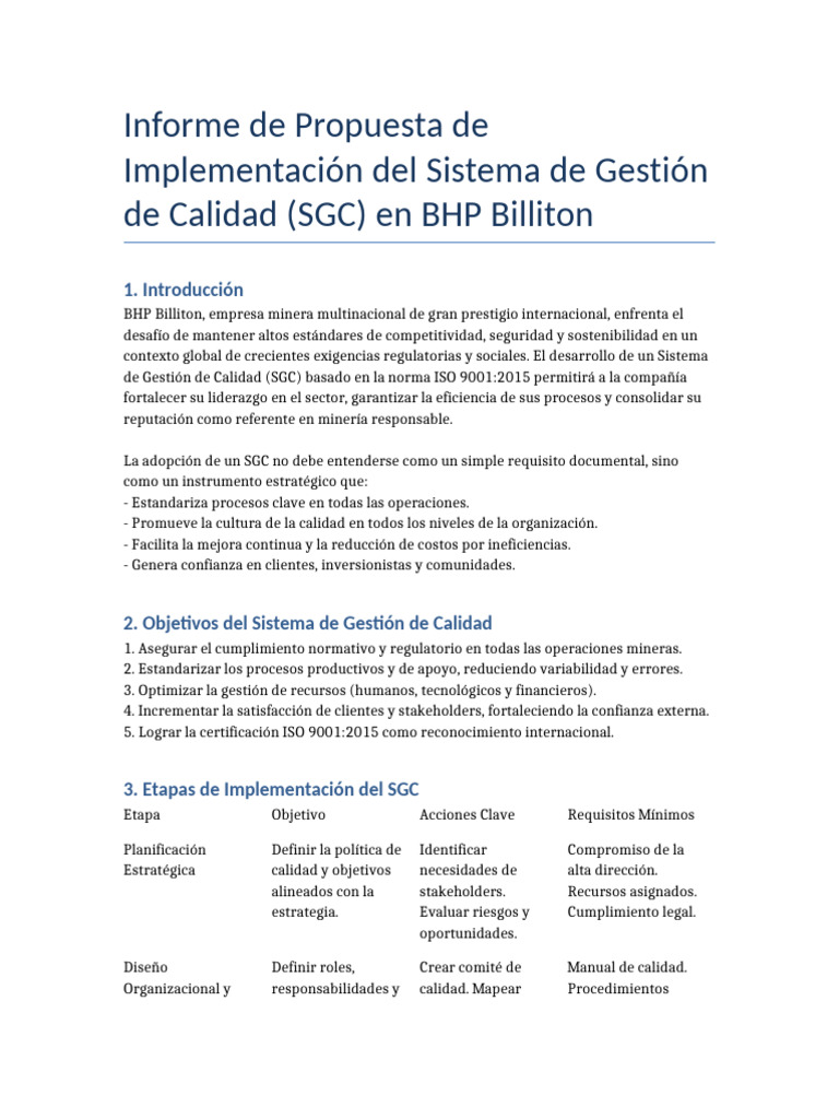 Implementación SGC ISO 9001 en BHP Billiton | PDF | Sistema de manejo ...