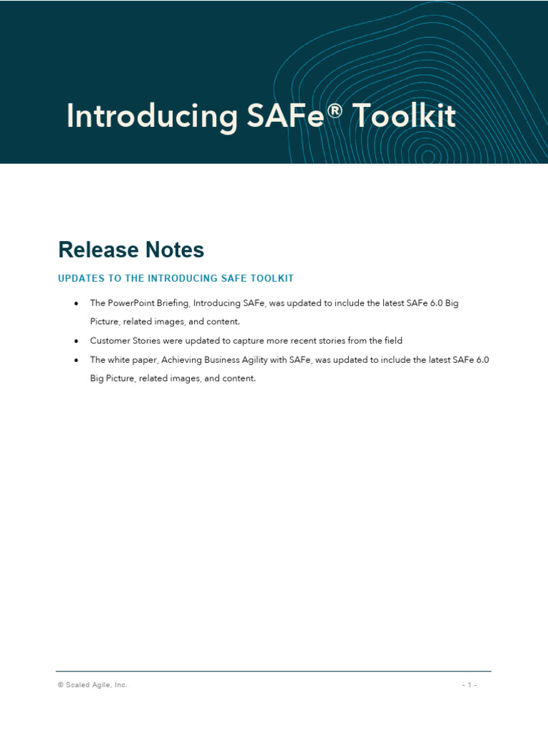 01 Introducing SAFe Toolkit Release Notes (V6.0) | PDF