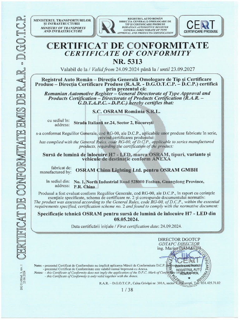 Certificat Rar Osram h7 | PDF