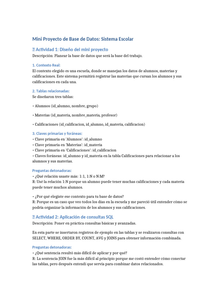 Sistema Escolar: Diseño y SQL en Bases de Datos | PDF | SQL | Bases de ...