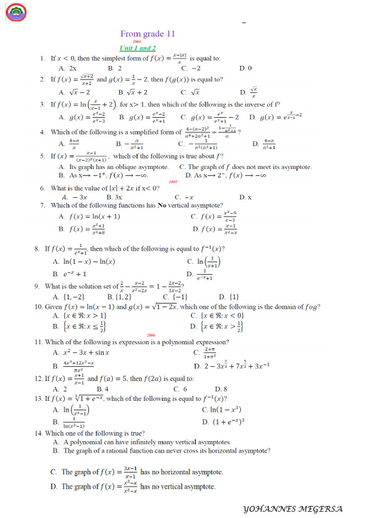 Mathematics: National Exam (Euee) Questions From 2004 - 2011 E.C (Grade ...