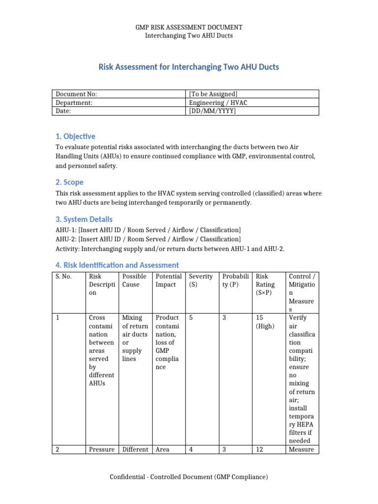 GMP Risk Assessment for AHU Ducts | PDF | Duct (Flow) | Equipment