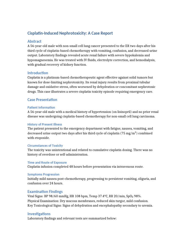 Full Cisplatin Toxicity Case Report | PDF | Chemotherapy | Dehydration