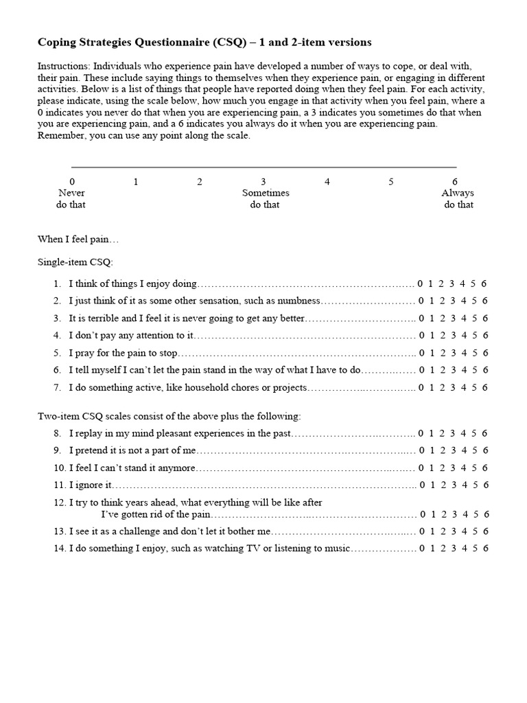 Coping Strategies Questionnaire (CSQ) 1 and 2 Item Versions | PDF