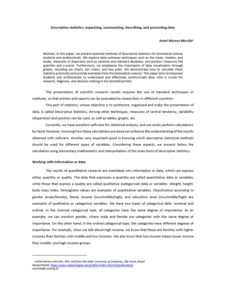 Descriptive Statistics for Biomedical Data | PDF | Quartile | Mean