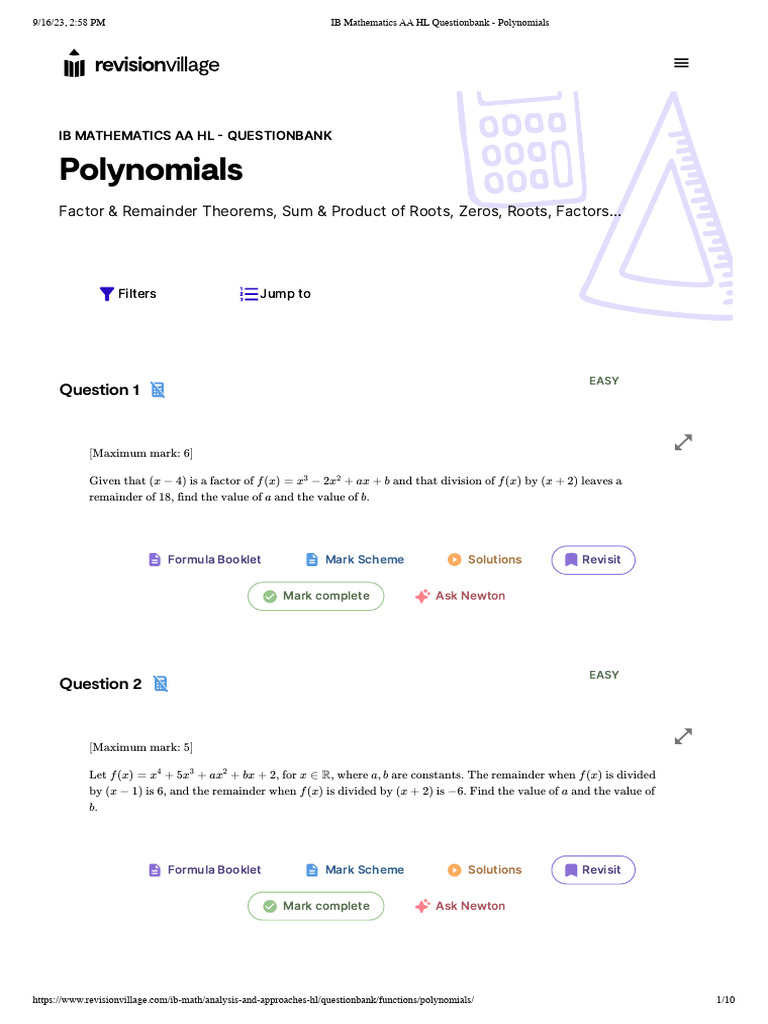 IB Mathematics AA HL Questionbank - Polynomials | PDF | Zero Of A ...