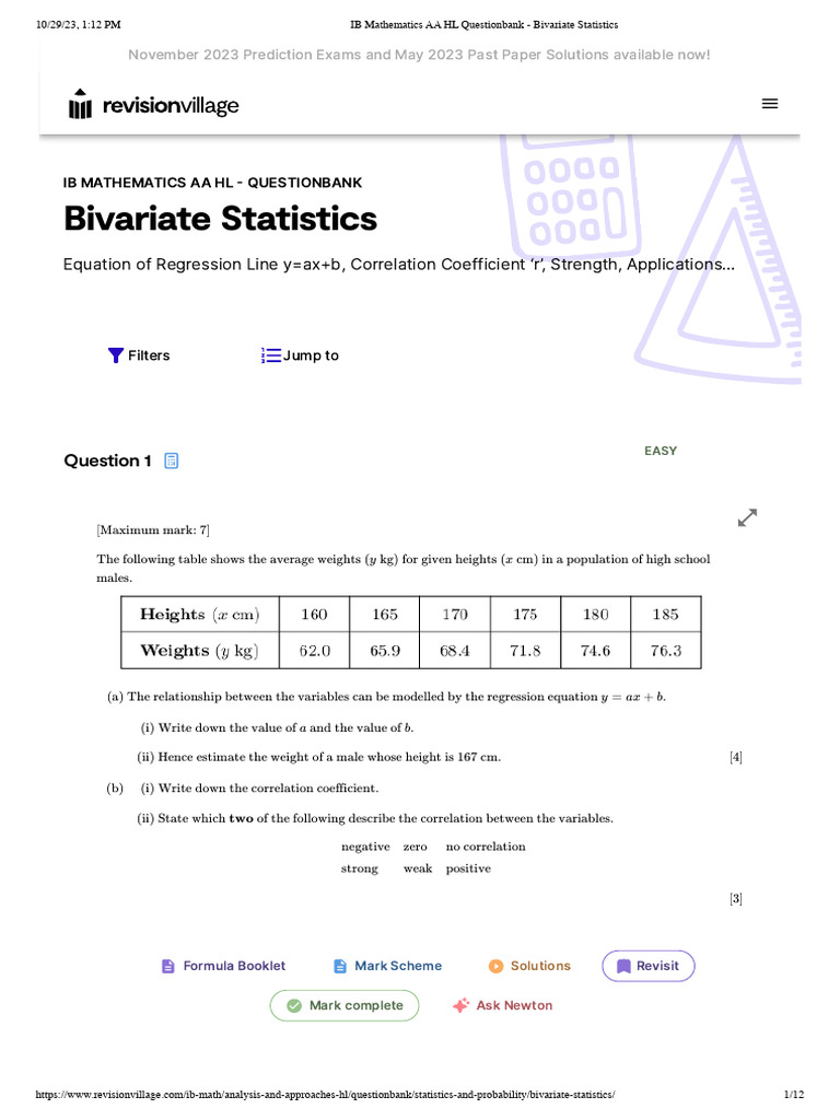 Bivariate Statistics Questionbank for IB Math | PDF | Regression ...