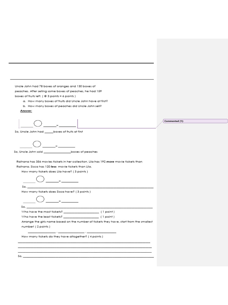Grade II Math Word Problems Worksheet | PDF | Mathematics