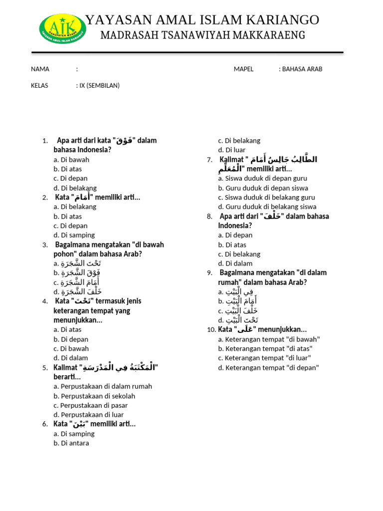 Kumpulan Soal Bahasa Arab Kelas IX | PDF