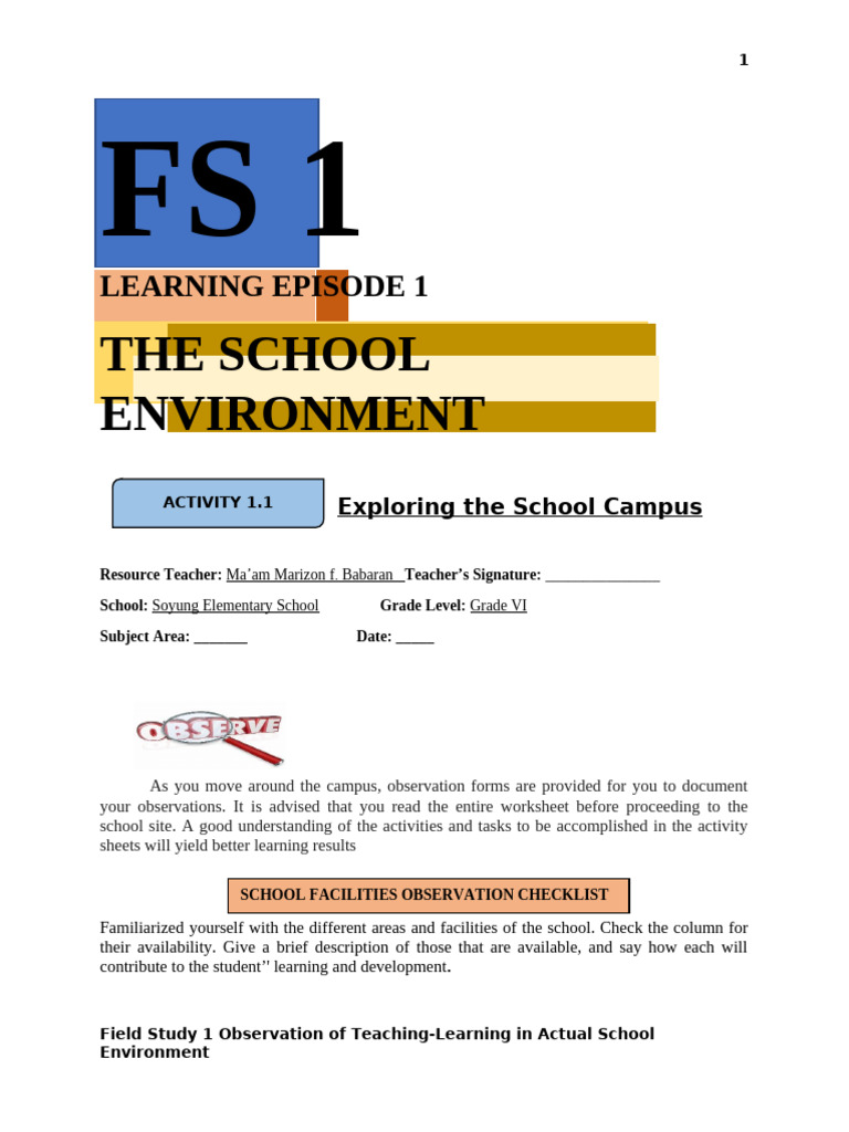 School Environment Observation Guide | PDF | Learning | Classroom