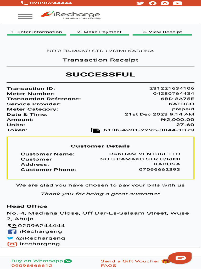 Successful Prepaid Meter Payment Receipt | PDF