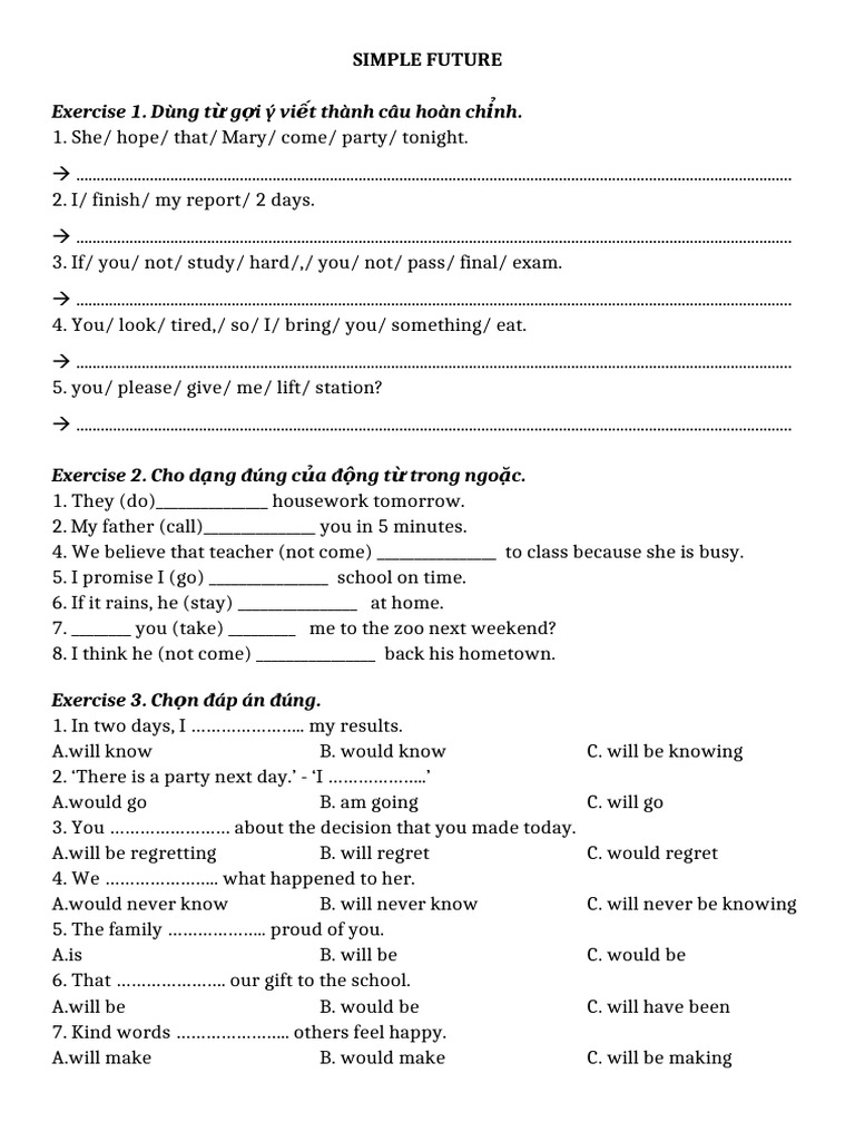 Simple Future Tense Exercises | PDF