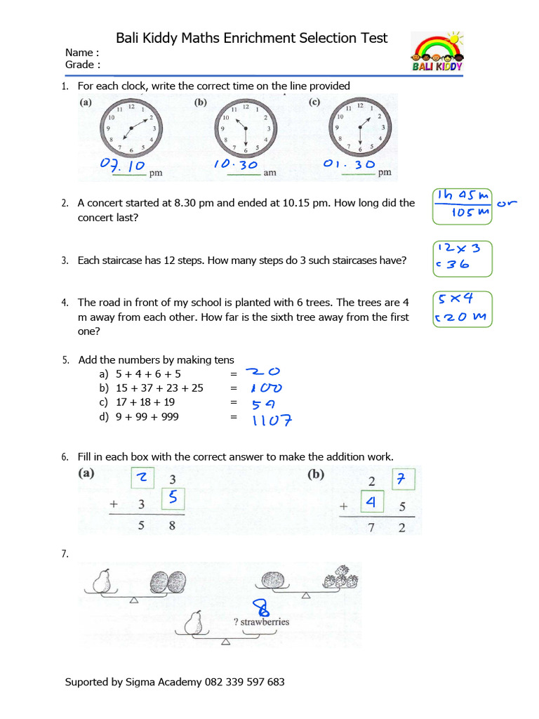 Bali Kiddy Maths Enrichment Selection Test Basic G2 Key Answer | PDF ...