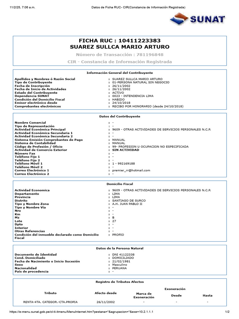 Ficha RUC de Mario Arturo Suárez | PDF