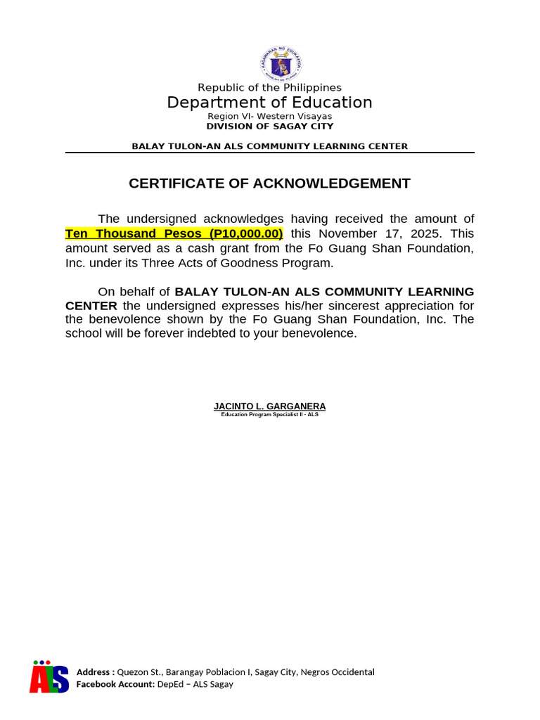Certificate of Acknowledgement for Grant | PDF