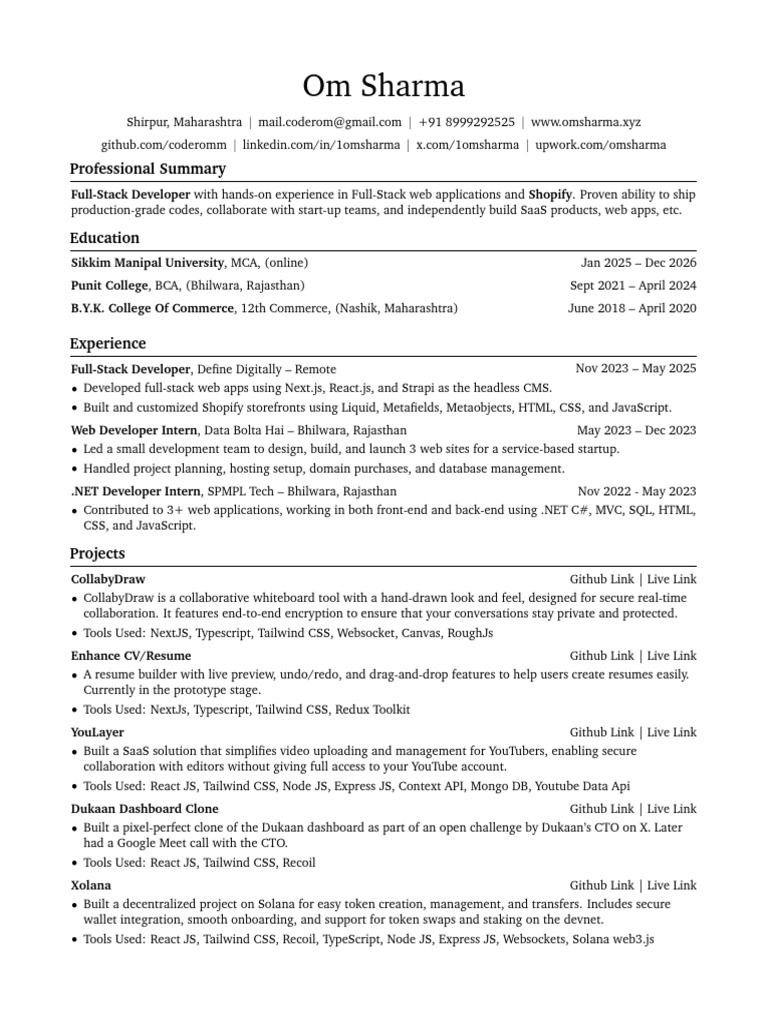 Full-Stack Developer Resume of Om Sharma | PDF | Software Development ...