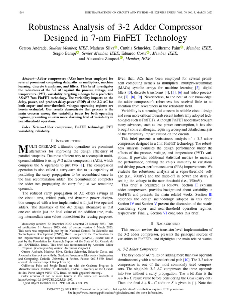 Robustness of 3-2 Adder Compressor in 7nm FinFET | PDF | Computer ...
