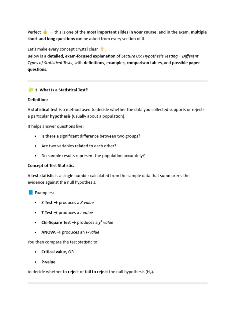 Hypothesis Testing: Statistical Tests Guide | PDF | P Value | Student's ...