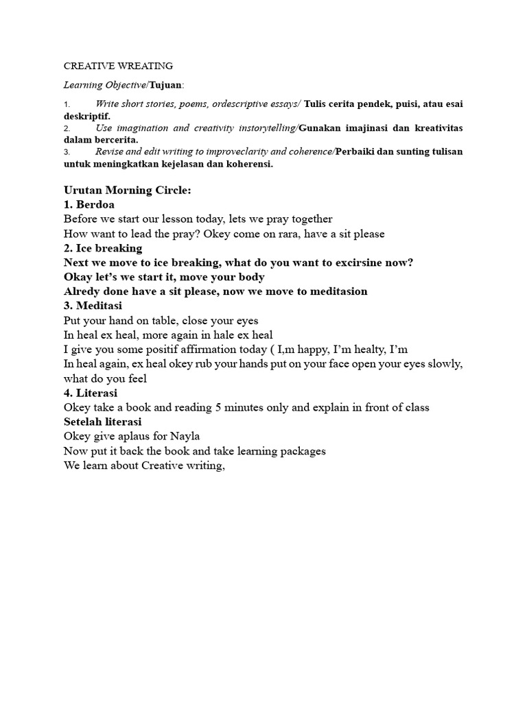 Creative Writing Lesson Plan Guide | PDF