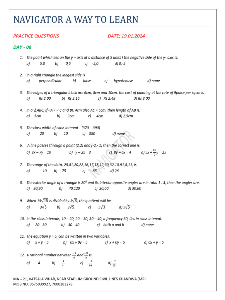 Practice Math Questions for Students | PDF | Elementary Geometry ...