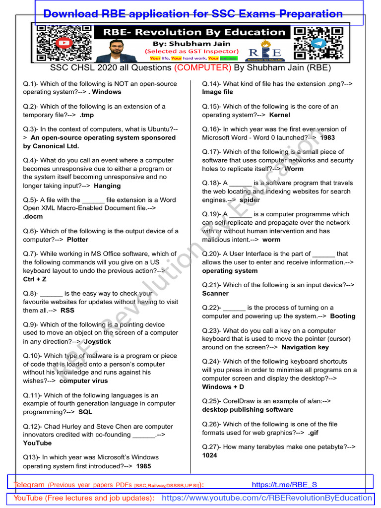 SSC CHSL 2022 Computer Questions - RBE | PDF | Operating System ...