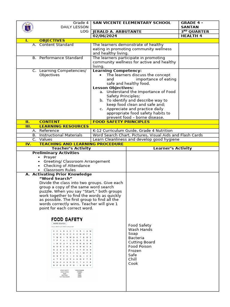 Grade 4 Health Lesson: Food Safety Principles | PDF | Foodborne Illness ...