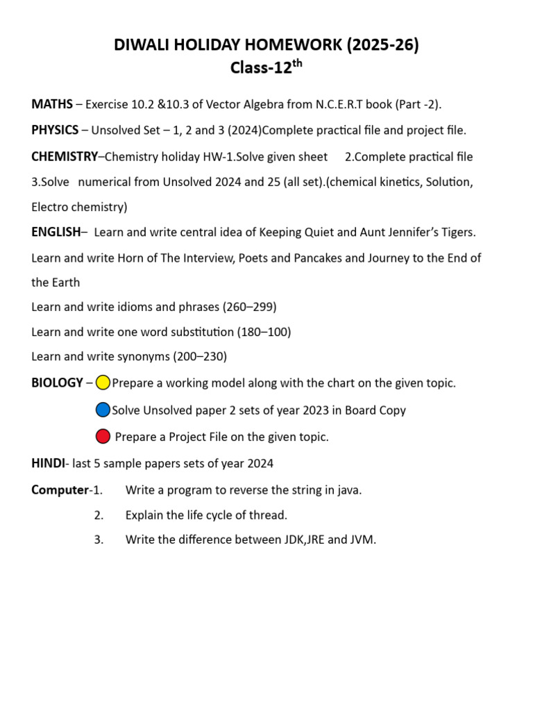 Diwali Holiday Homework 12 Pdf
