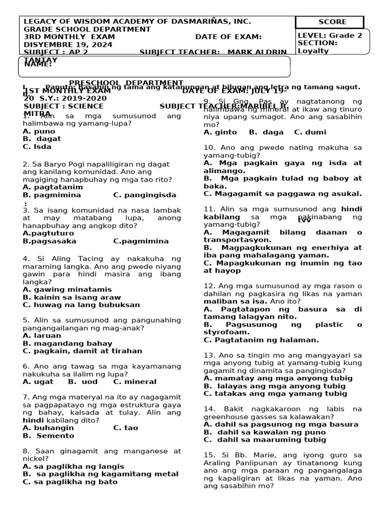Exam Grade 2 AP 3rd Monthly Edited | PDF