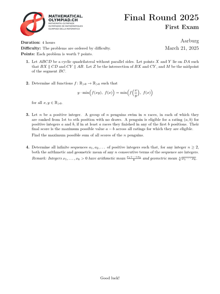 2025 Aarburg Mathematical Olympiad Exams | PDF | Mathematics ...