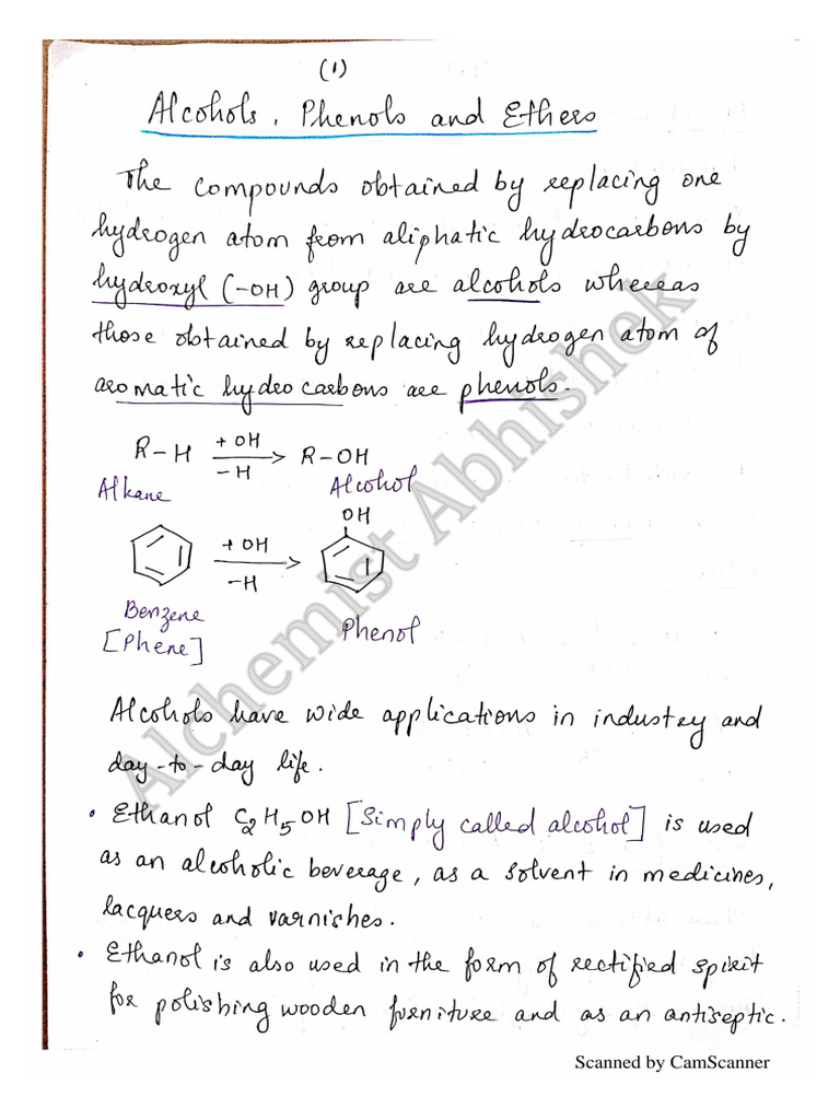 Class XII Alcohol, Phenol & Ether Notes | PDF | Ether | Alcohol