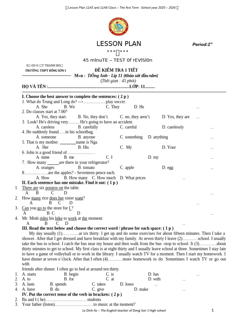 Lesson Plan for English 11: Term 1 | PDF | Lesson Plan | English Language
