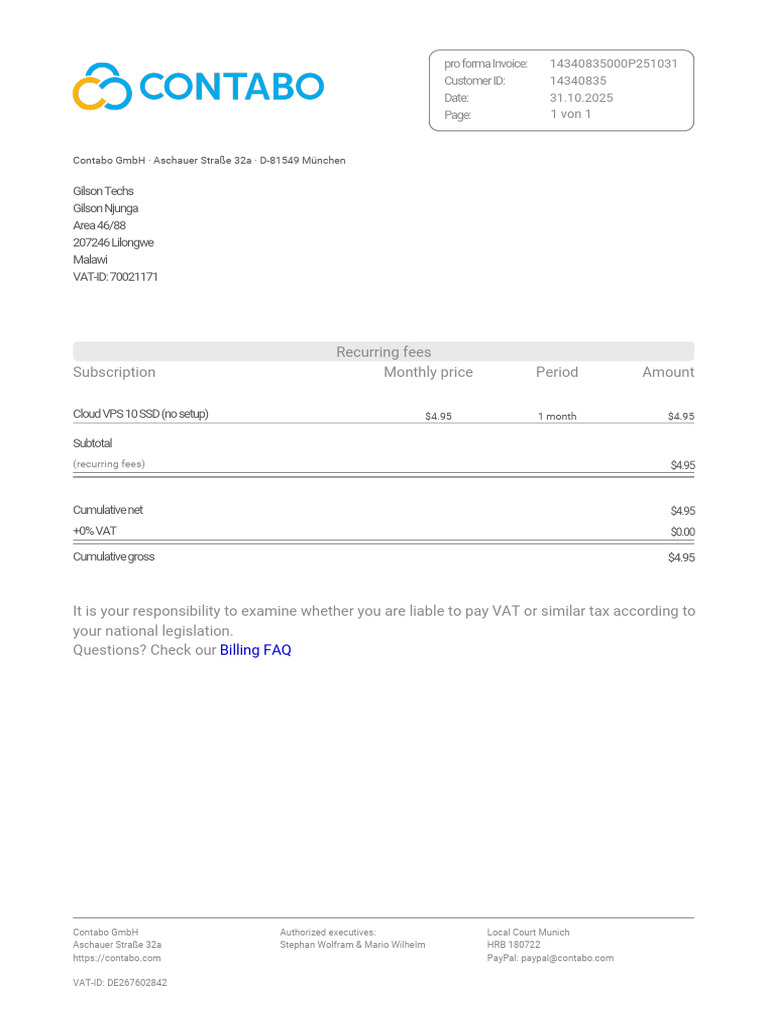 Cloud VPS Subscription Invoice Details | PDF