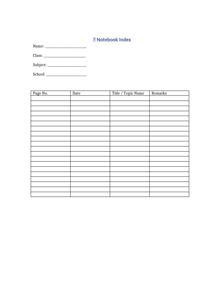 Notebook Index Template for Students | PDF